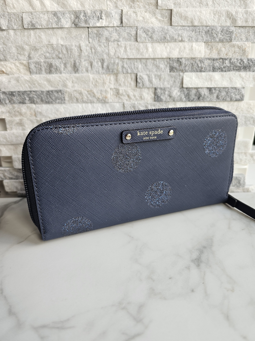 Kate Spade Navy Glitter Polka Dot Zip Around Wallet